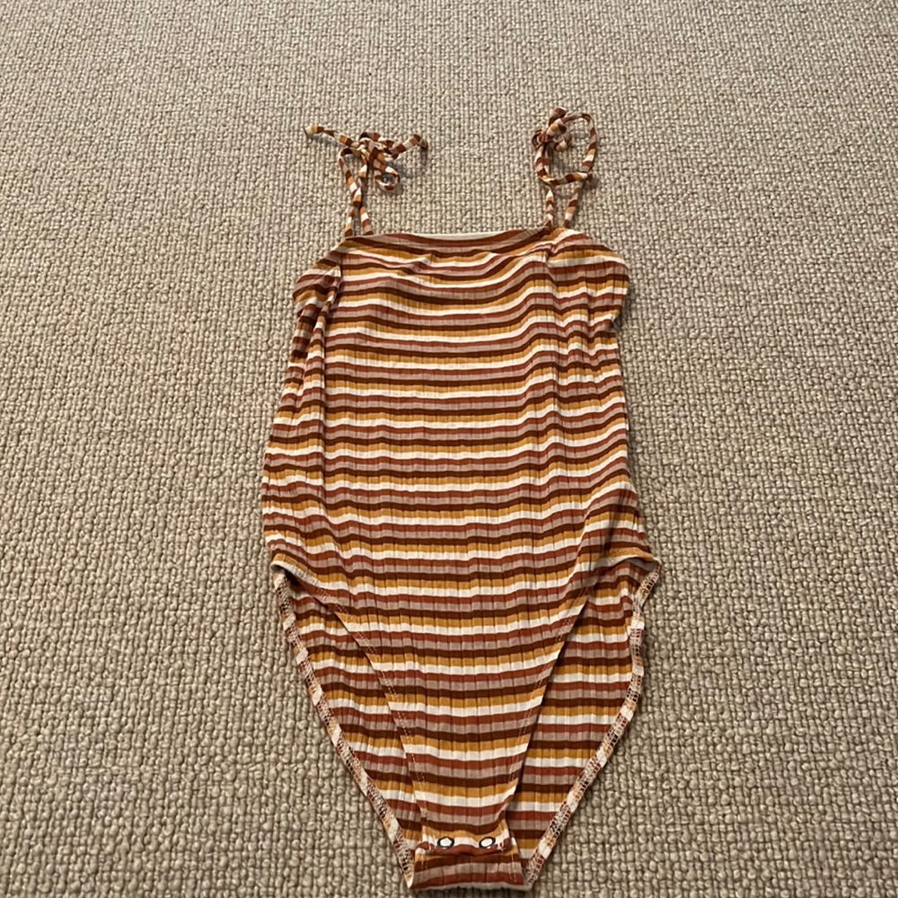 American Eagle brown/orange/white/yellow striped bodysuit